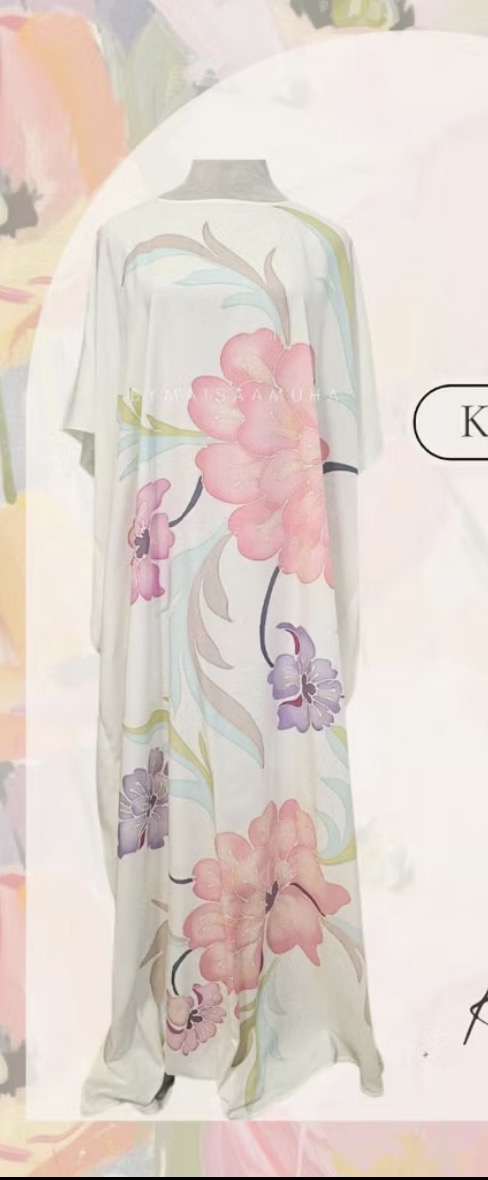 Ivory kaftan with pink and lilac floral painting
