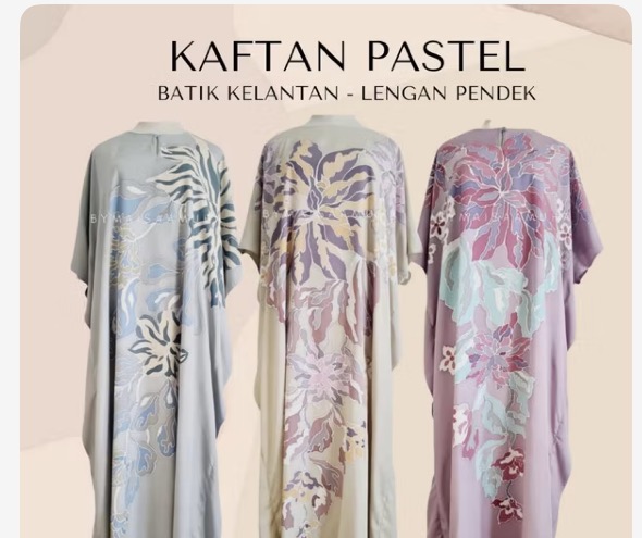 Three pastel batik kaftans shown together as a collection preview