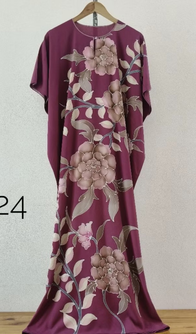 Plum batik kaftan with large floral motifs