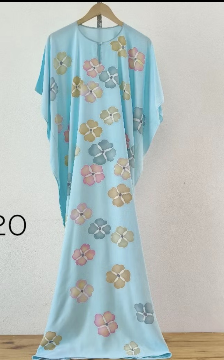 Sky blue batik kaftan with pastel floral motifs